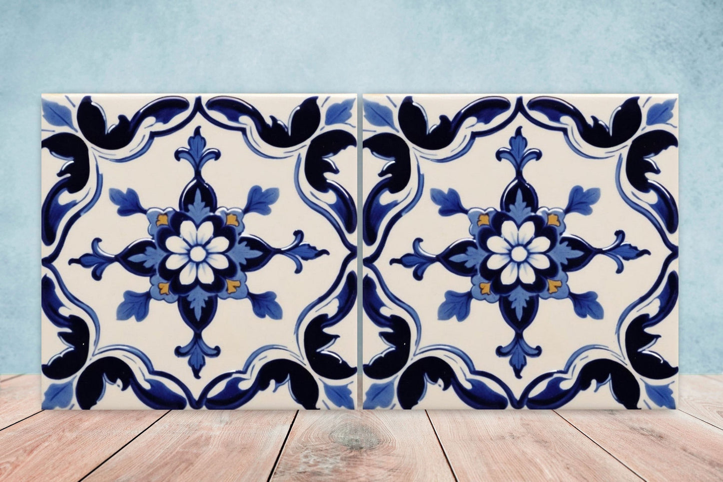 Spanish Ceramic Flower Tiles - Set of 2 Spanish Wall Decor Tiles - Kitchen Backsplash Tiles, Table Decorative Tiles, Bathroom Tiles, Coaster