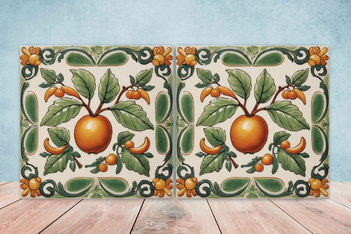 Spanish Ceramic Fruit Tiles - Set of 2 Spanish Wall Decor Tiles - Kitchen Backsplash Tiles, Table Decorative Tiles, Bathroom Tiles, Coaster