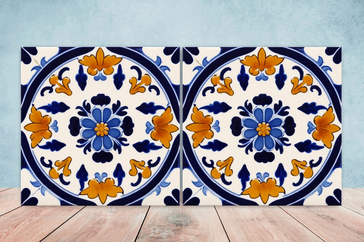 Spanish Ceramic Flower Tiles - Set of 2 Spanish Wall Decor Tiles - Kitchen Backsplash Tiles, Table Decorative Tiles, Bathroom Tiles, Coaster