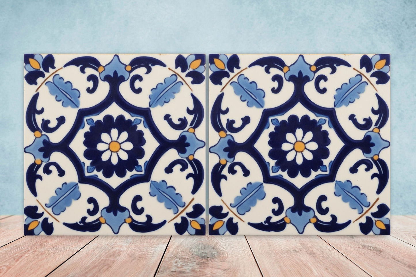 Spanish Ceramic Flower Tiles - Set of 2 Spanish Wall Decor Tiles - Kitchen Backsplash Tiles, Table Decorative Tiles, Bathroom Tiles, Coaster