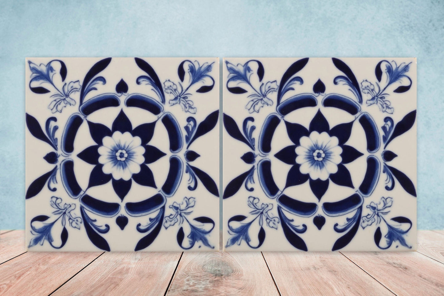 Spanish Ceramic Flower Tiles - Set of 2 Spanish Wall Decor Tiles - Kitchen Backsplash Tiles, Table Decorative Tiles, Bathroom Tiles, Coaster