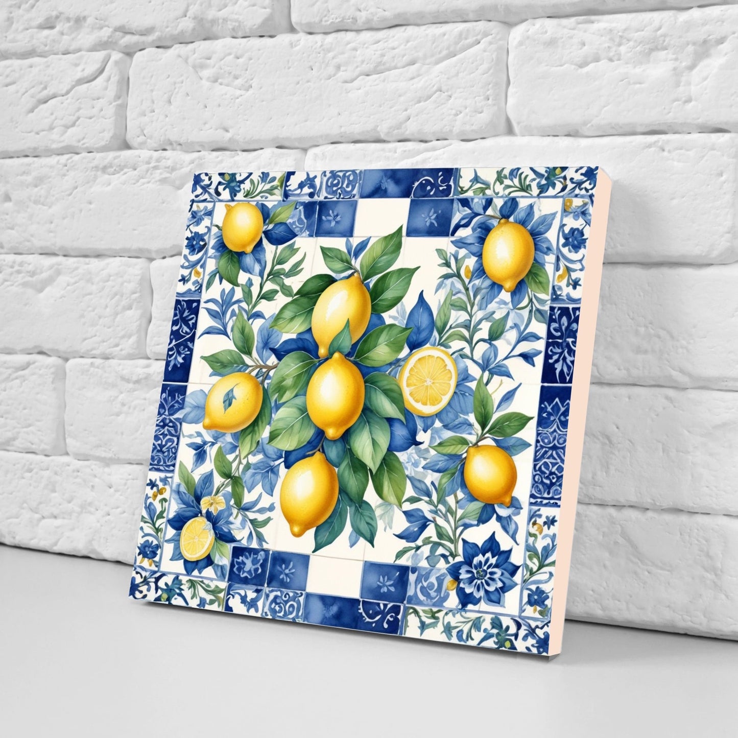 Italian Majolica Lemon Tiles - Set of 2 Italian Wall Decor Tiles - Kitchen Backsplash Tiles, Table Decorative Tiles, Bathroom Tiles, Coaster