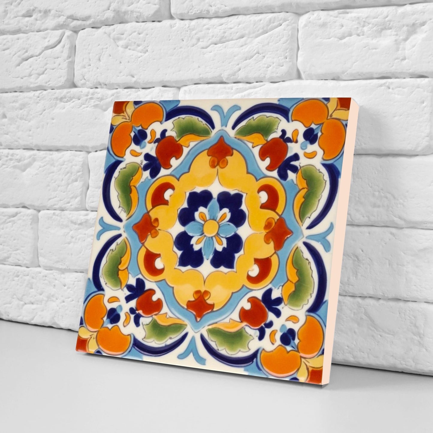 Spanish Ceramic Flower Tiles - Set of 2 Spanish Wall Decor Tiles - Kitchen Backsplash Tiles, Table Decorative Tiles, Bathroom Tiles, Coaster