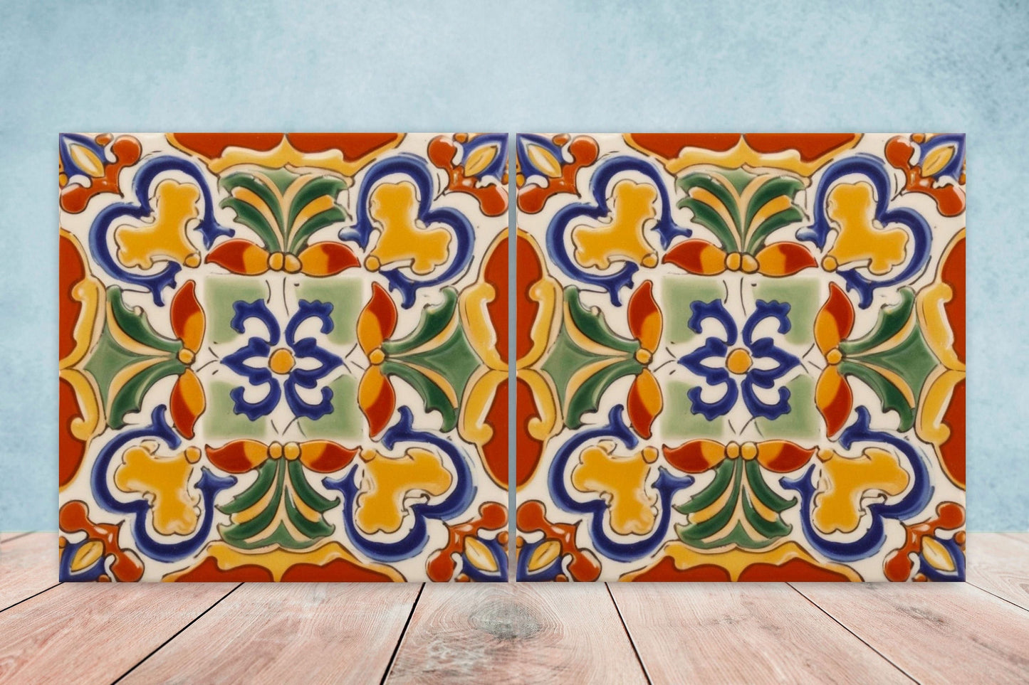 Spanish Ceramic Flower Tiles - Set of 2 Spanish Wall Decor Tiles - Kitchen Backsplash Tiles, Table Decorative Tiles, Bathroom Tiles, Coaster