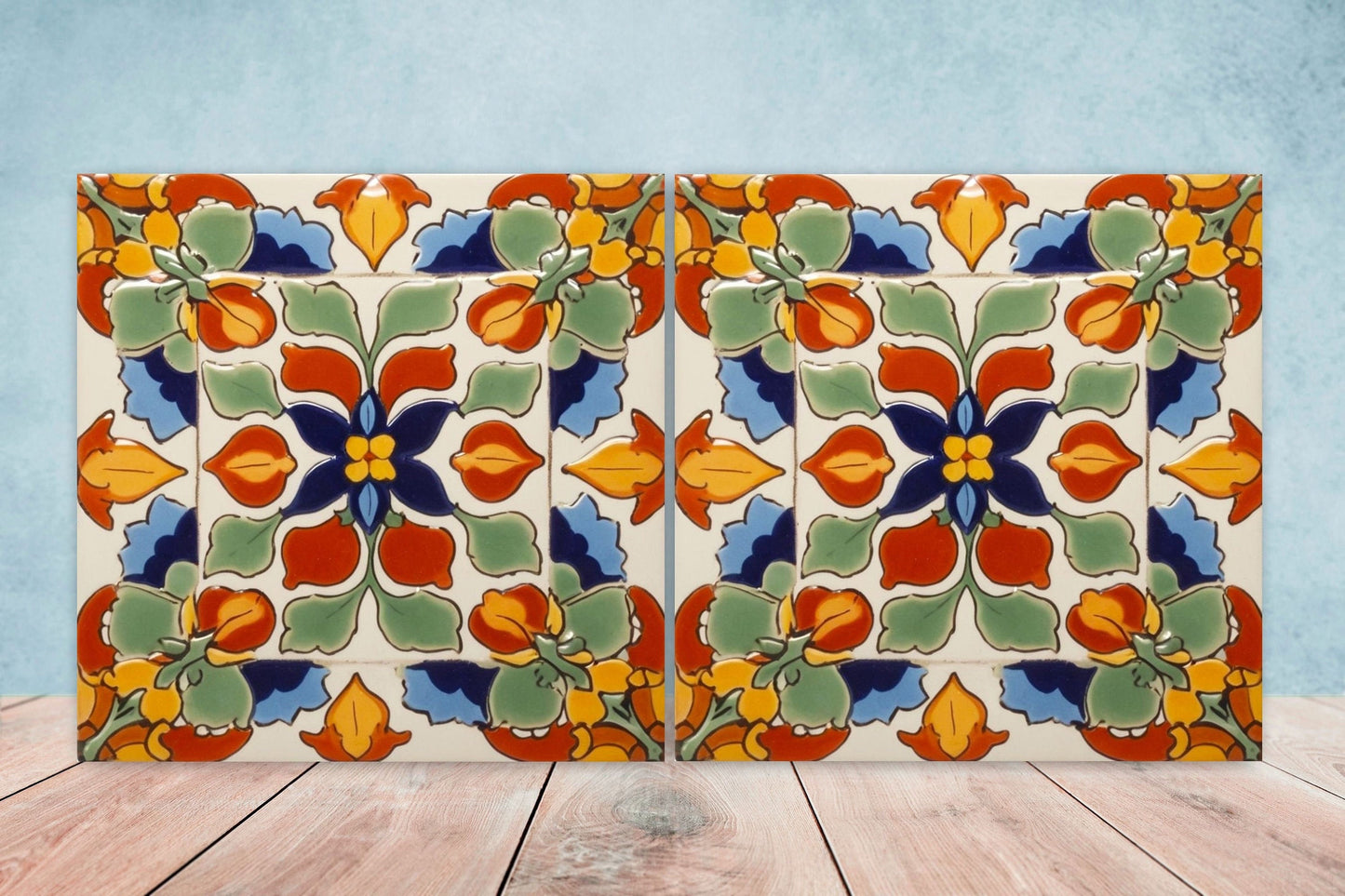 Spanish Ceramic Flower Tiles - Set of 2 Spanish Wall Decor Tiles - Kitchen Backsplash Tiles, Table Decorative Tiles, Bathroom Tiles, Coaster
