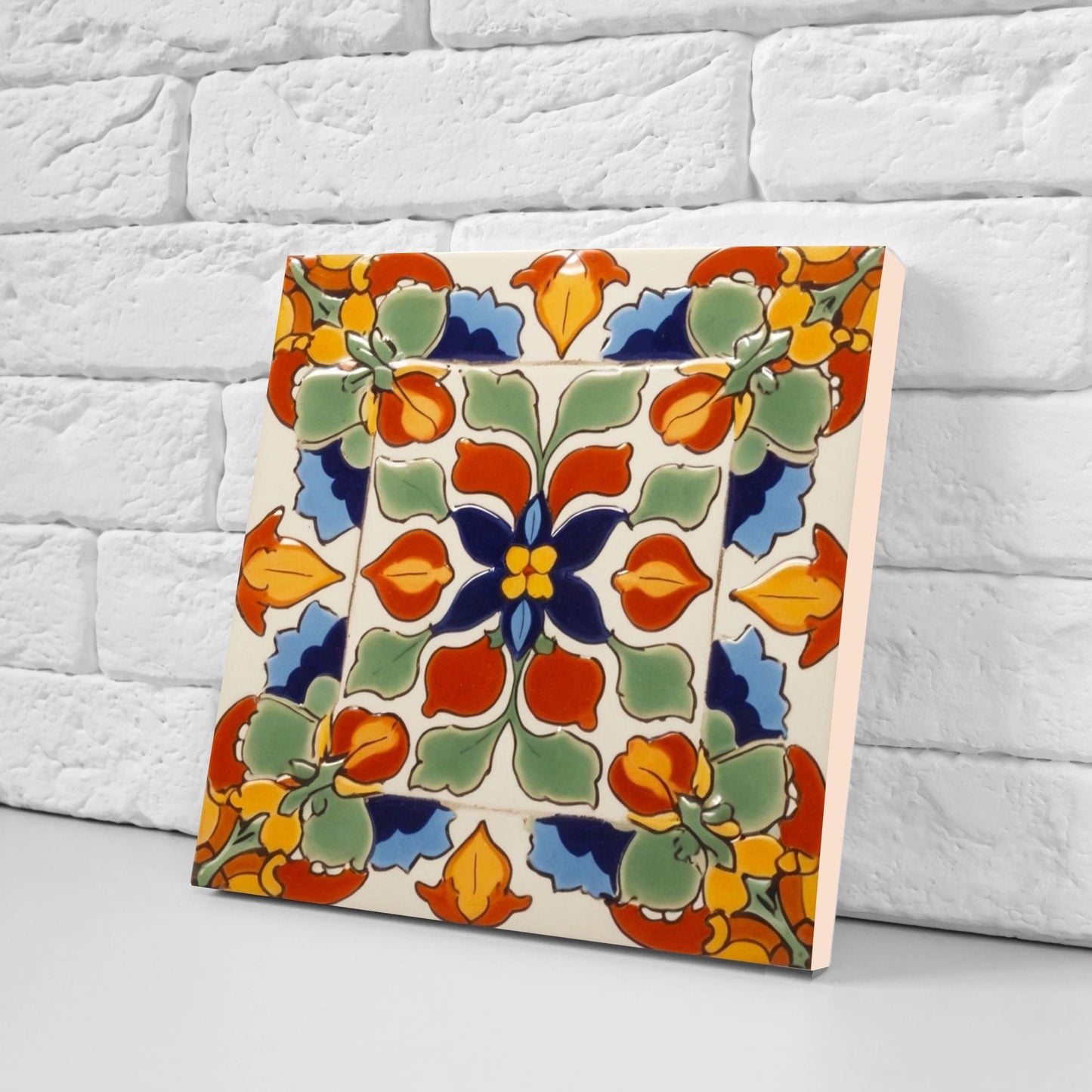Spanish Ceramic Flower Tiles - Set of 2 Spanish Wall Decor Tiles - Kitchen Backsplash Tiles, Table Decorative Tiles, Bathroom Tiles, Coaster