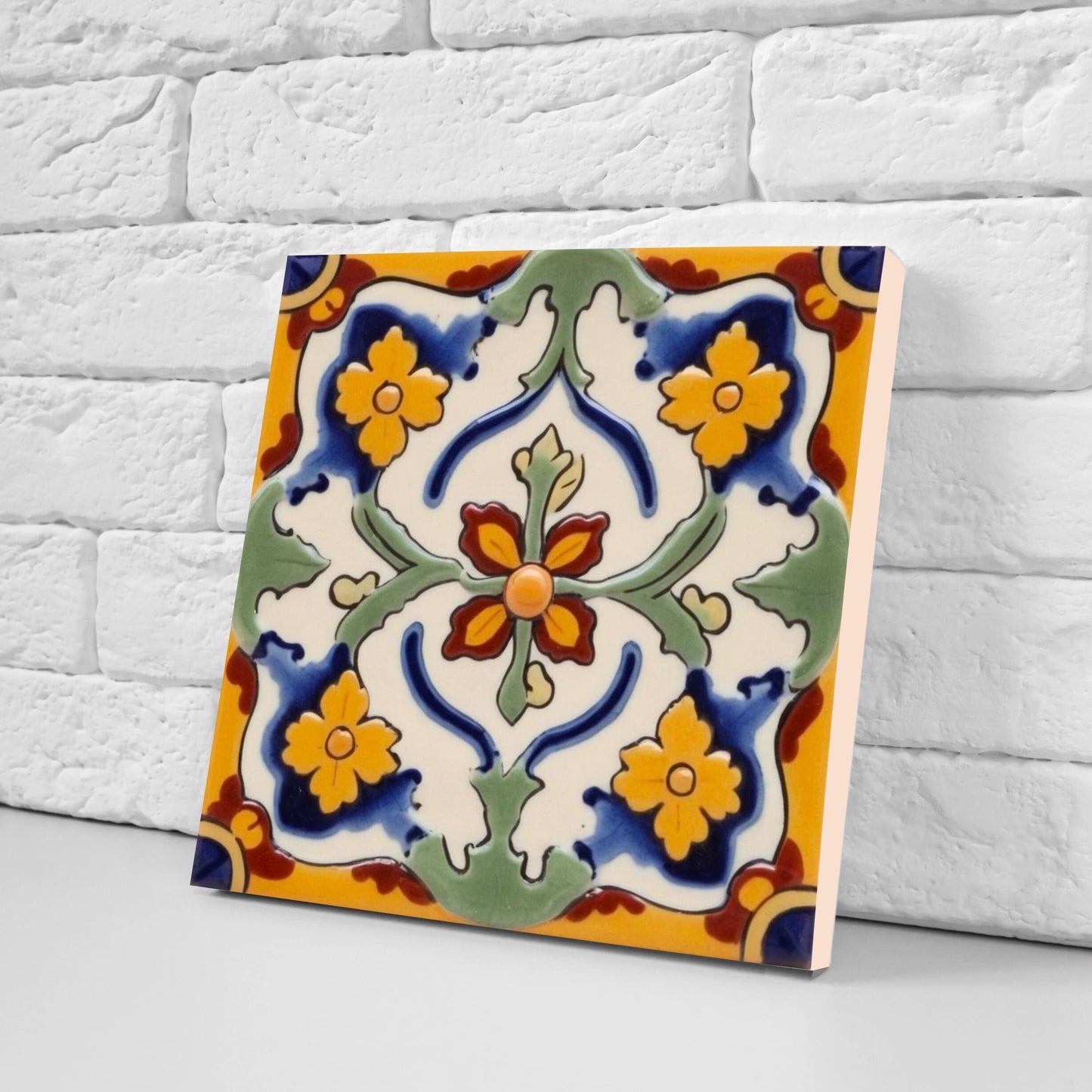 Spanish Ceramic Flower Tiles - Set of 2 Spanish Wall Decor Tiles - Kitchen Backsplash Tiles, Table Decorative Tiles, Bathroom Tiles, Coaster