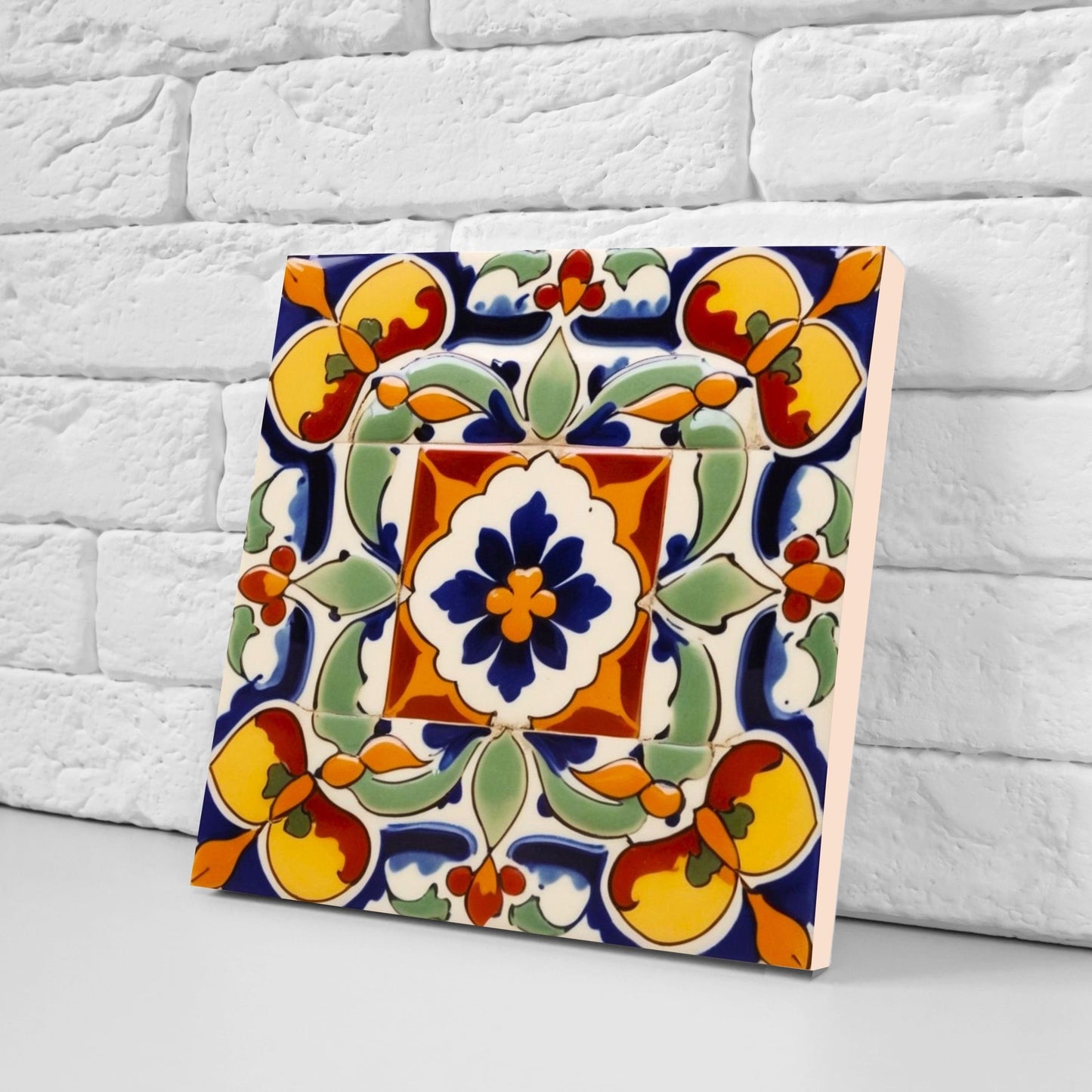 Spanish Ceramic Flower Tiles - Set of 2 Spanish Wall Decor Tiles - Kitchen Backsplash Tiles, Table Decorative Tiles, Bathroom Tiles, Coaster