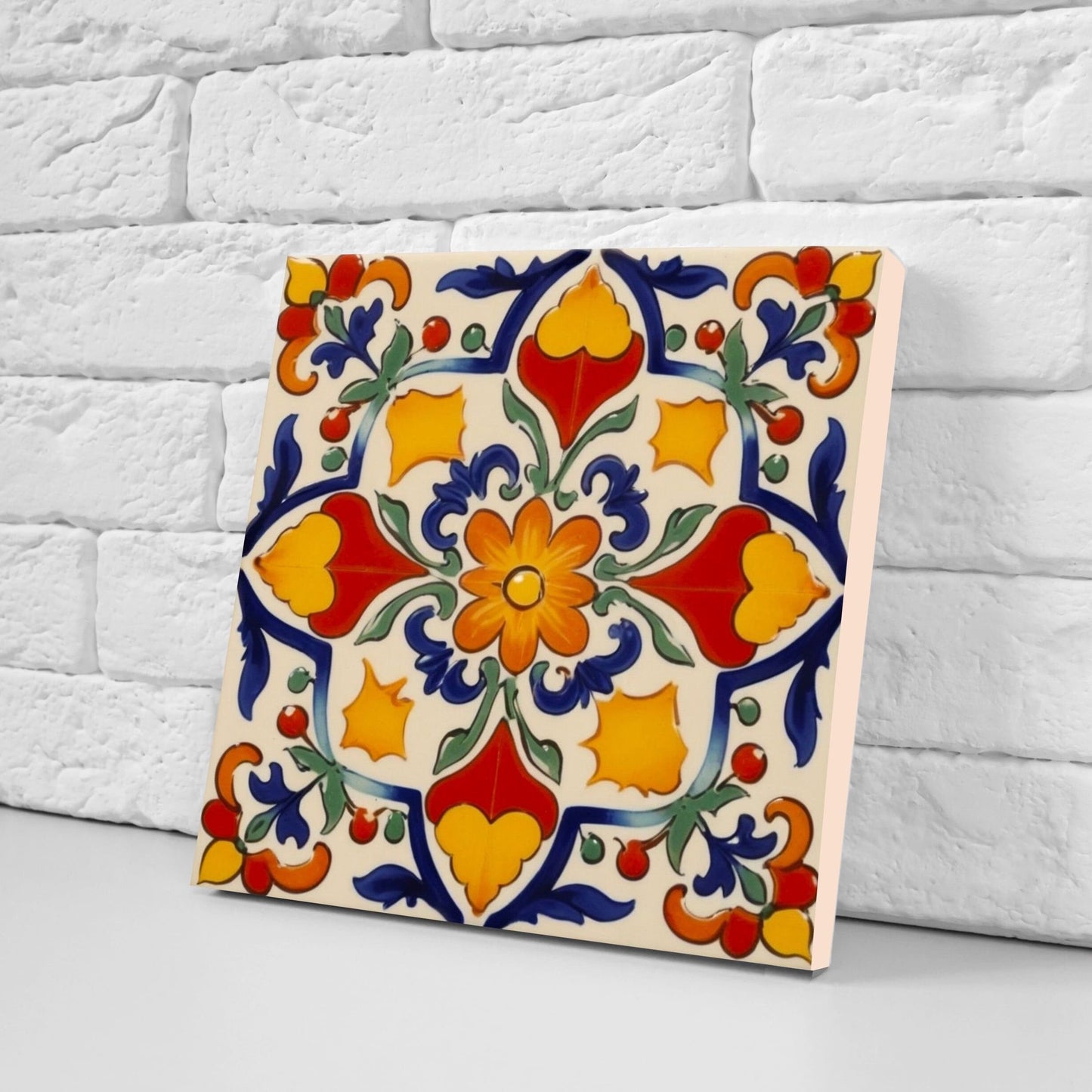 Spanish Ceramic Flower Tiles - Set of 2 Spanish Wall Decor Tiles - Kitchen Backsplash Tiles, Table Decorative Tiles, Bathroom Tiles, Coaster