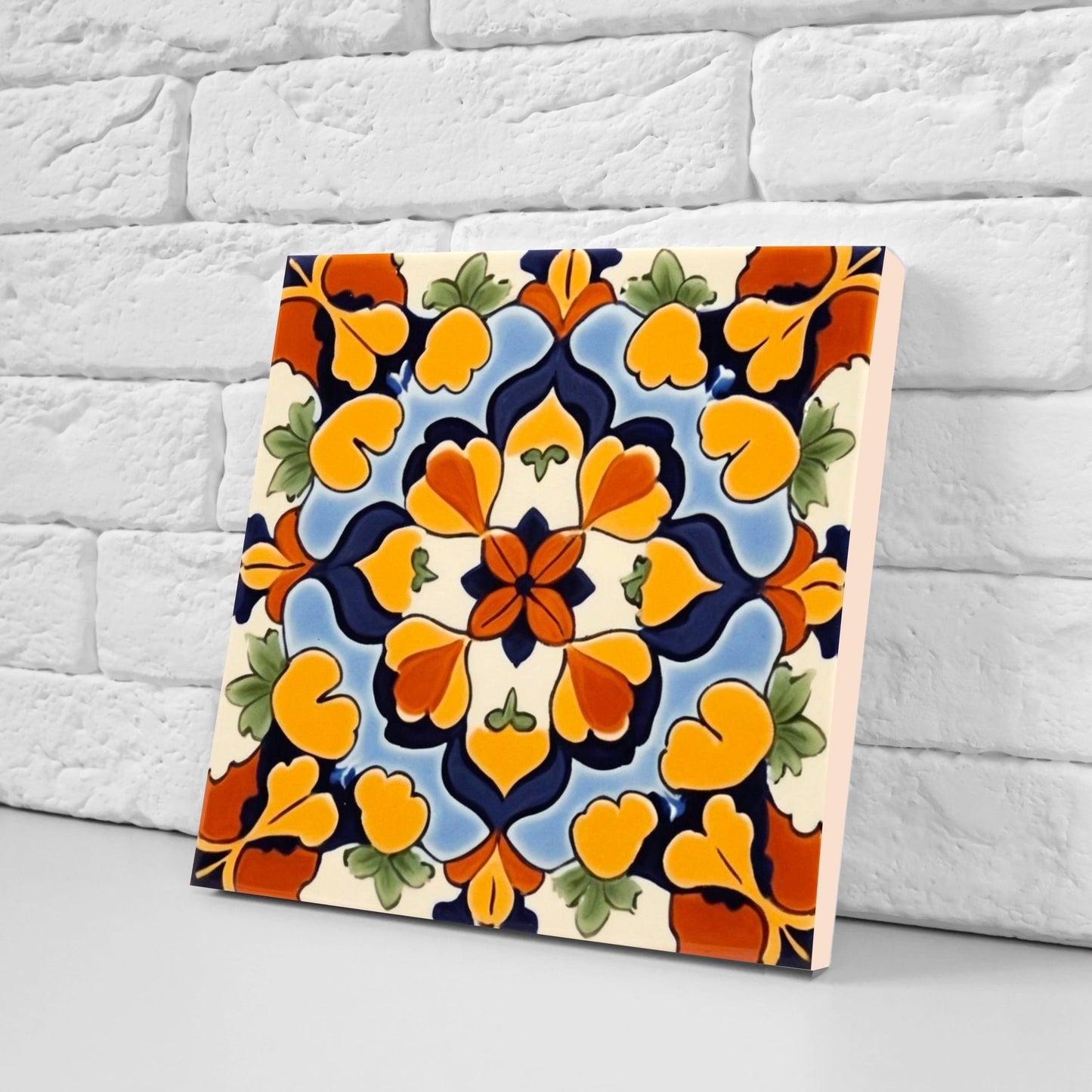 Spanish Ceramic Flower Tiles - Set of 2 Spanish Wall Decor Tiles - Kitchen Backsplash Tiles, Table Decorative Tiles, Bathroom Tiles, Coaster
