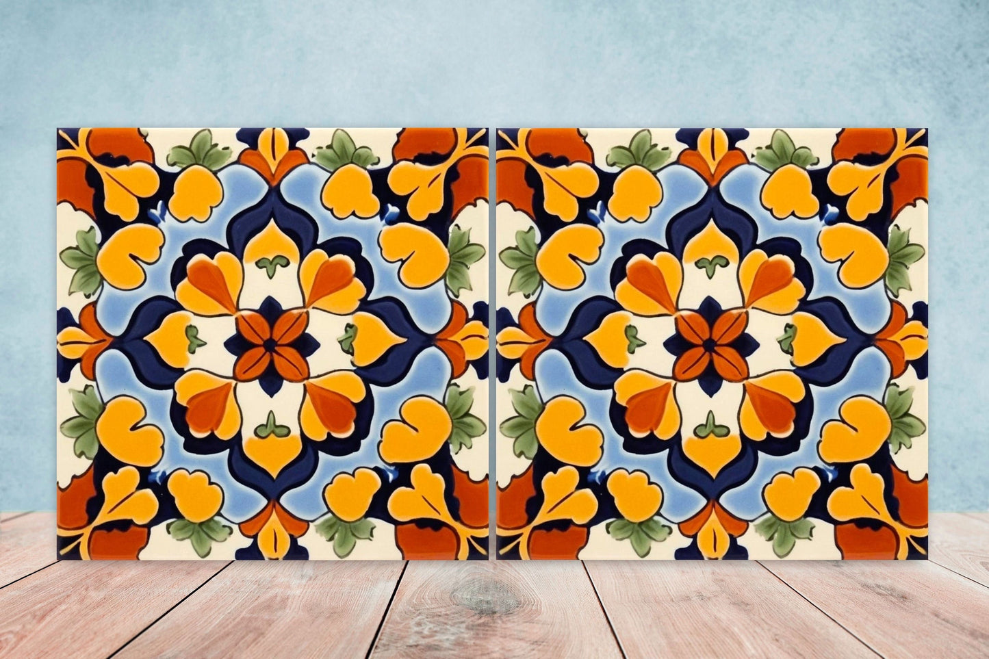Spanish Ceramic Flower Tiles - Set of 2 Spanish Wall Decor Tiles - Kitchen Backsplash Tiles, Table Decorative Tiles, Bathroom Tiles, Coaster