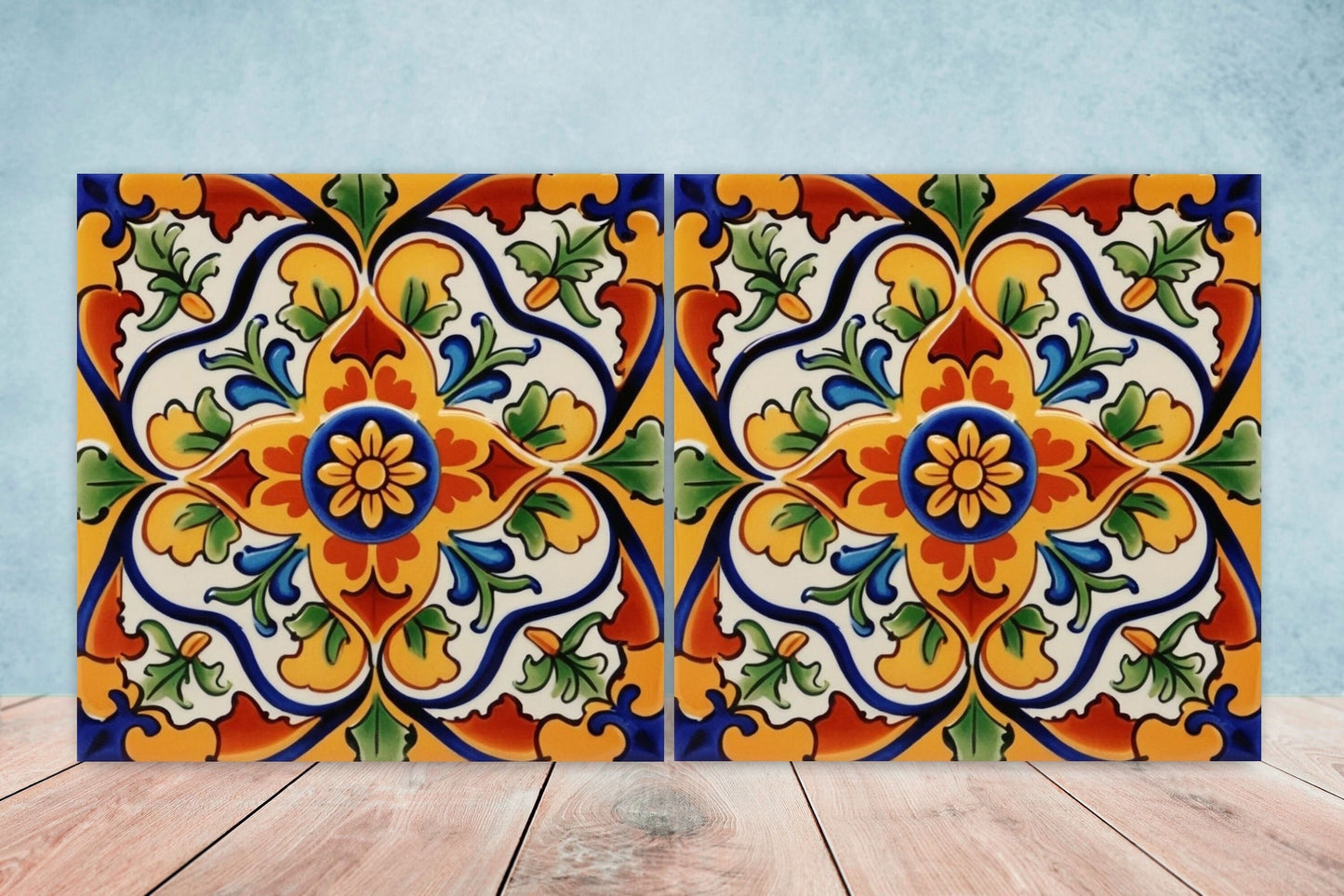 Spanish Ceramic Flower Tiles - Set of 2 Spanish Wall Decor Tiles - Kitchen Backsplash Tiles, Table Decorative Tiles, Bathroom Tiles, Coaster