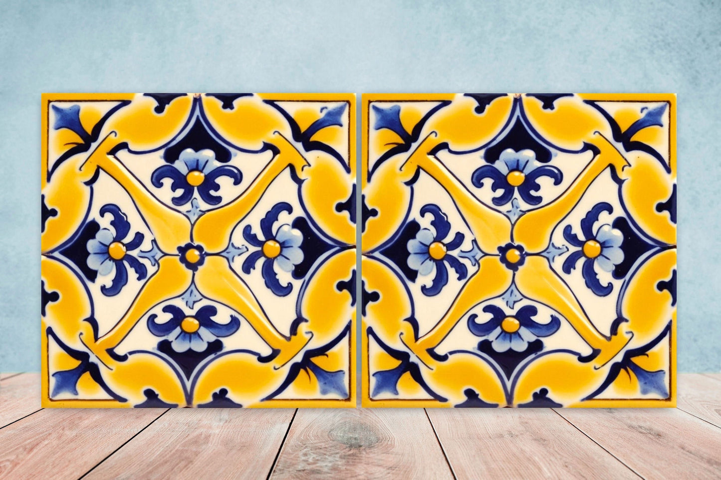 Spanish Ceramic Flower Tiles - Set of 2 Spanish Wall Decor Tiles - Kitchen Backsplash Tiles, Table Decorative Tiles, Bathroom Tiles, Coaster