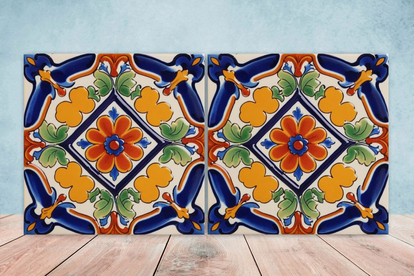 Spanish Ceramic Flower Tiles - Set of 2 Spanish Wall Decor Tiles - Kitchen Backsplash Tiles, Table Decorative Tiles, Bathroom Tiles, Coaster