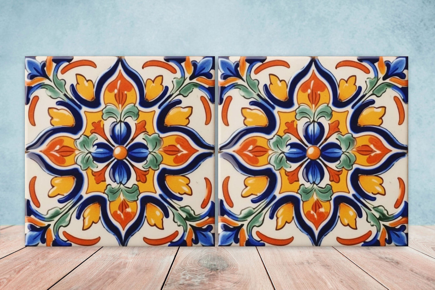 Spanish Ceramic Flower Tiles - Set of 2 Spanish Wall Decor Tiles - Kitchen Backsplash Tiles, Table Decorative Tiles, Bathroom Tiles, Coaster