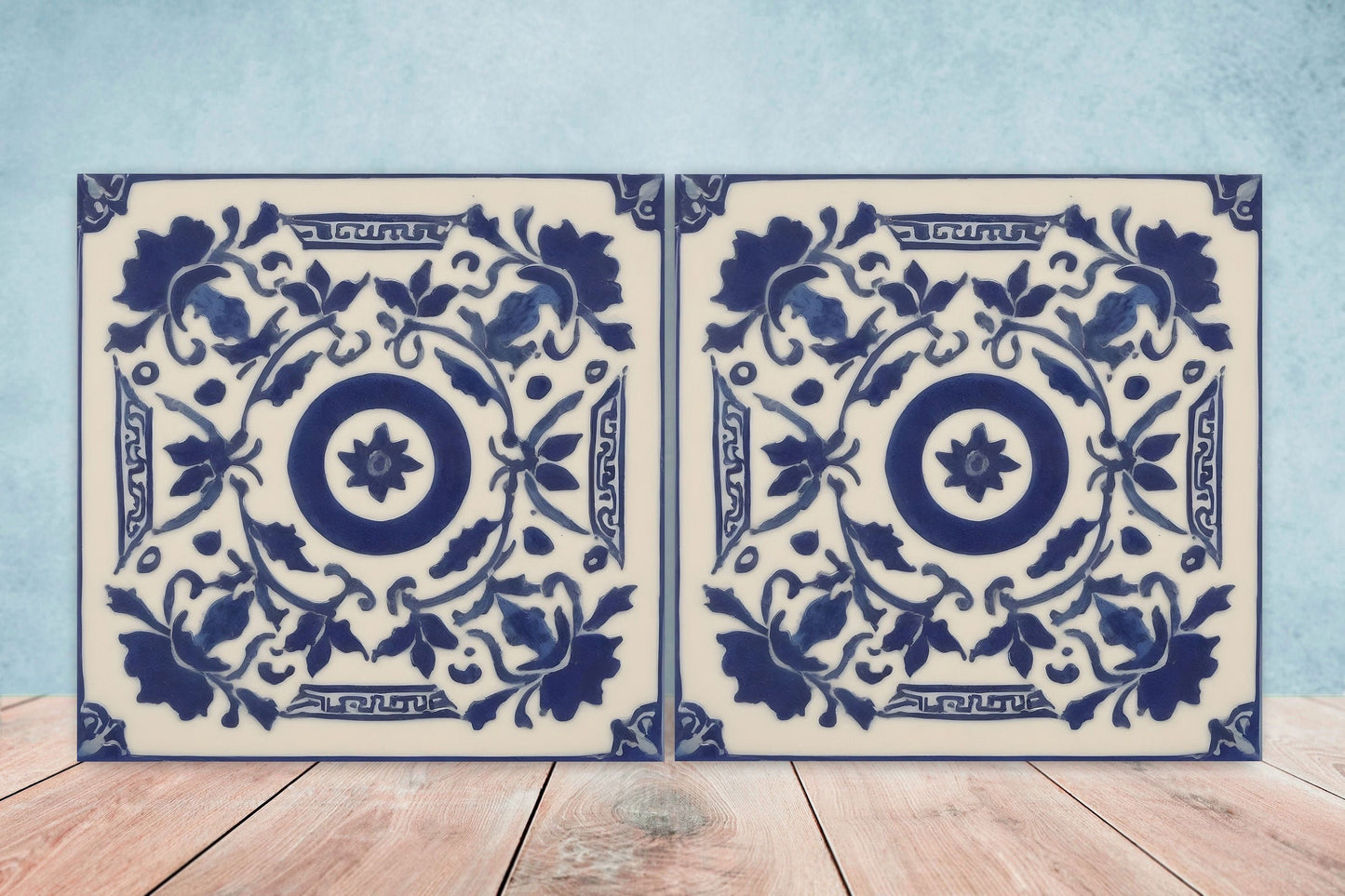 Greek Mediterranean Tiles - Set of 2 Greek Wall Decor Tiles - Kitchen Backsplash Tiles, Table Decorative Tiles, Bathroom Tiles, Coaster