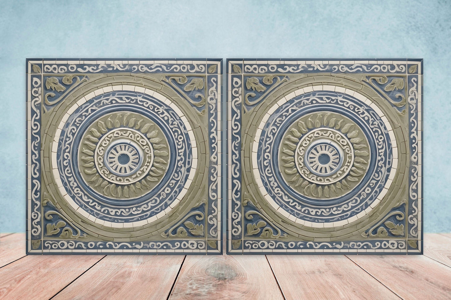 Greek Mediterranean Tiles - Set of 2 Greek Wall Decor Tiles - Kitchen Backsplash Tiles, Table Decorative Tiles, Bathroom Tiles, Coaster