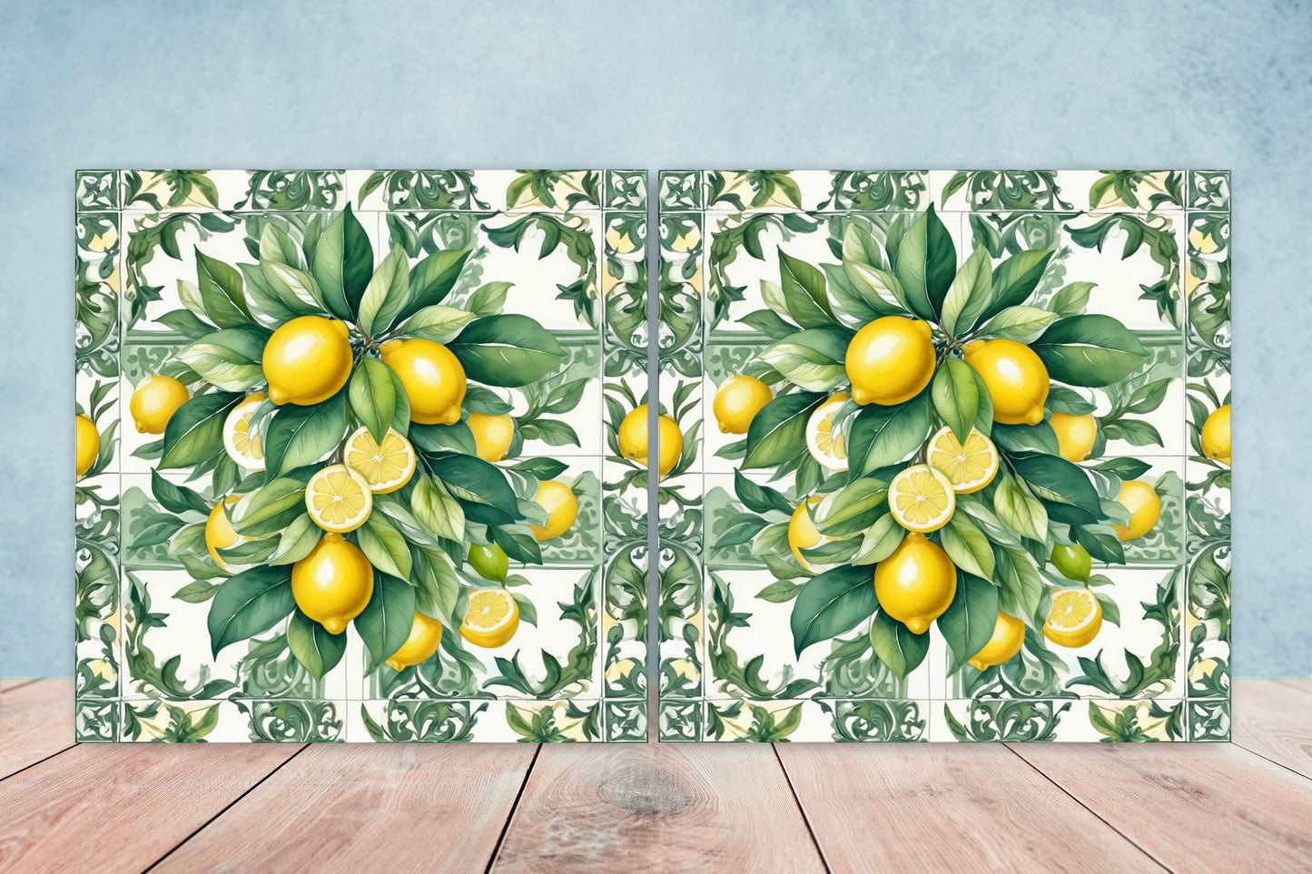 Italian Majolica Lemon Tiles - Set of 2 Italian Wall Decor Tiles - Kitchen Backsplash Tiles, Table Decorative Tiles, Bathroom Tiles, Coaster