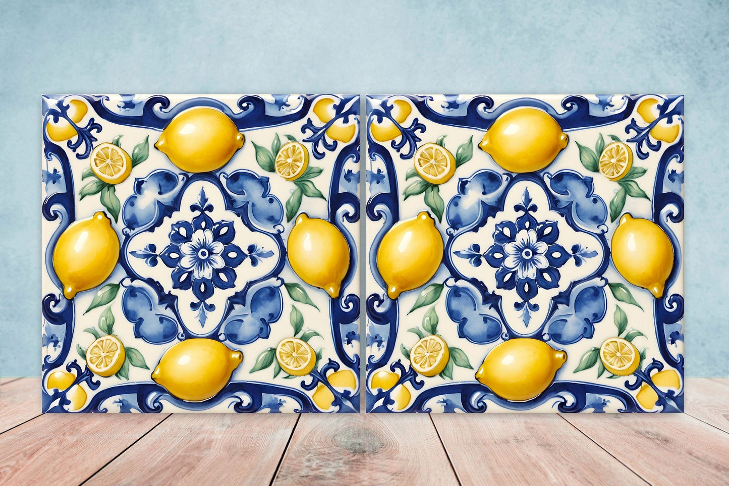 Italian Majolica Lemon Tiles - Set of 2 Italian Wall Decor Tiles - Kitchen Backsplash Tiles, Table Decorative Tiles, Bathroom Tiles, Coaster