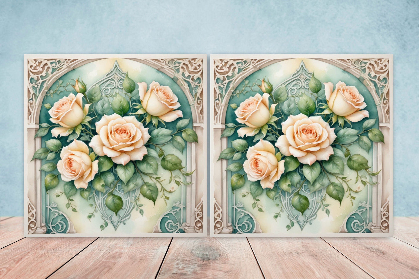 Art Nouveau Flower Ceramic tiles - Set of 2 Art Nouveau Wall Decor Tiles - Kitchen Backsplash Tiles, Table Decorative Tiles, Bathroom Tiles