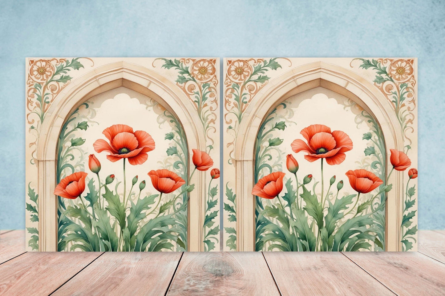 Art Nouveau Flower Poppy Ceramic Tiles -Set of 2 Art Nouveau Wall Decor Tiles-Kitchen Backsplash Tiles,Table Decorative Tiles,Bathroom Tiles