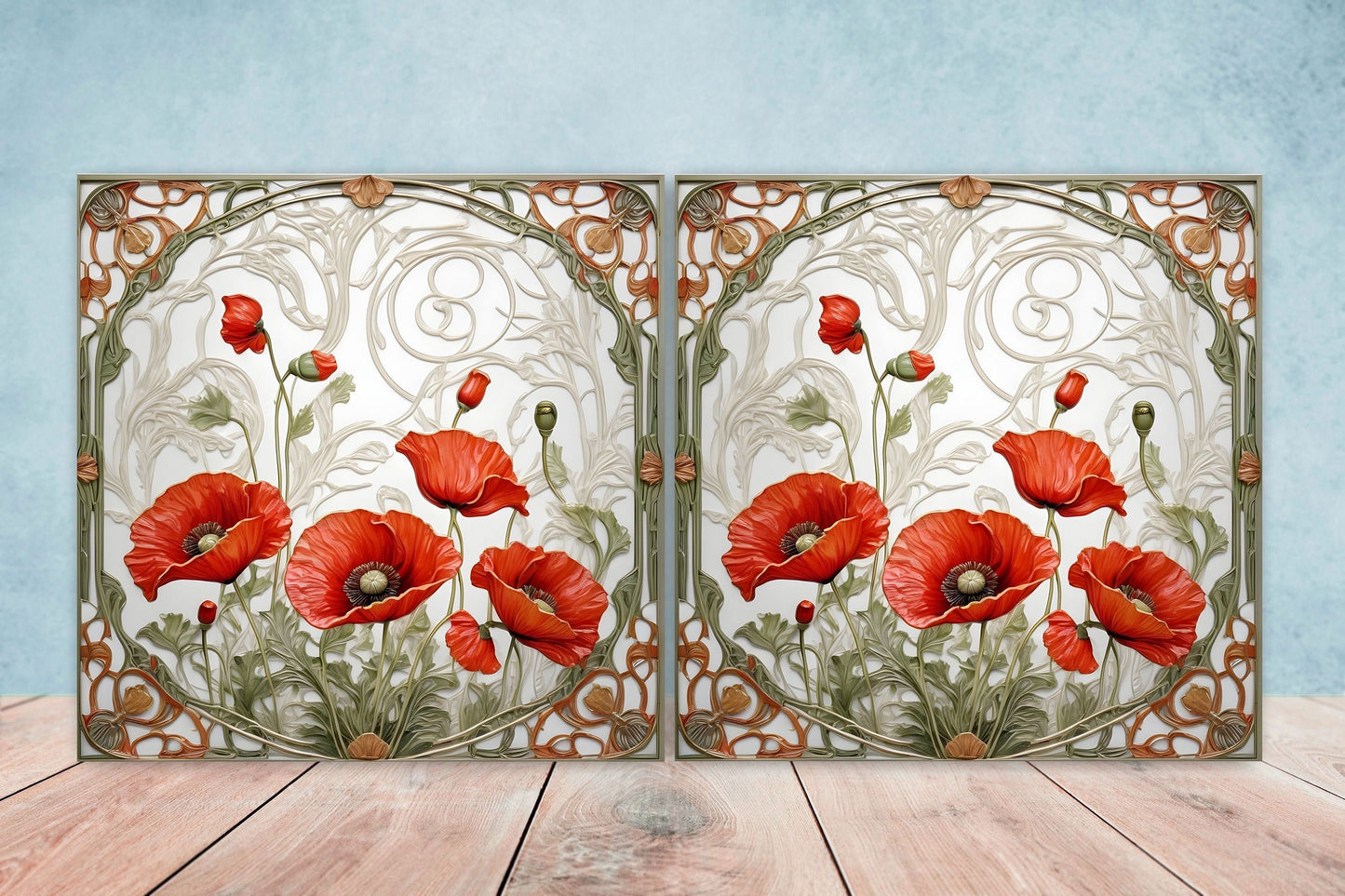Art Nouveau Flower Poppy Ceramic Tiles -Set of 2 Art Nouveau Wall Decor Tiles-Kitchen Backsplash Tiles,Table Decorative Tiles,Bathroom Tiles
