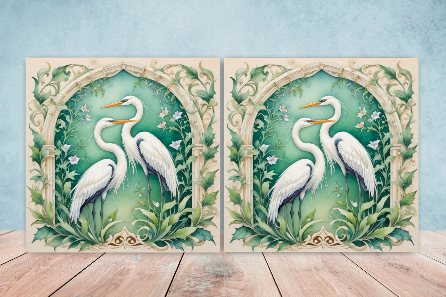 Art Nouveau Heron Ceramic tiles -Set of 2 Art Nouveau Bird Wall Decor Tiles, Bird Tiles, Bird Art - Kitchen Backsplash Tiles, Bathroom Tiles