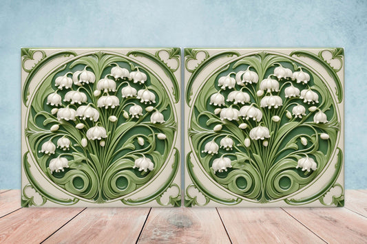 Art Nouveau Flower Ceramic Tiles - Set of 2 Art Nouveau Wall Decor Tiles - Kitchen Backsplash Tiles, Table Decorative Tiles, Bathroom Tiles
