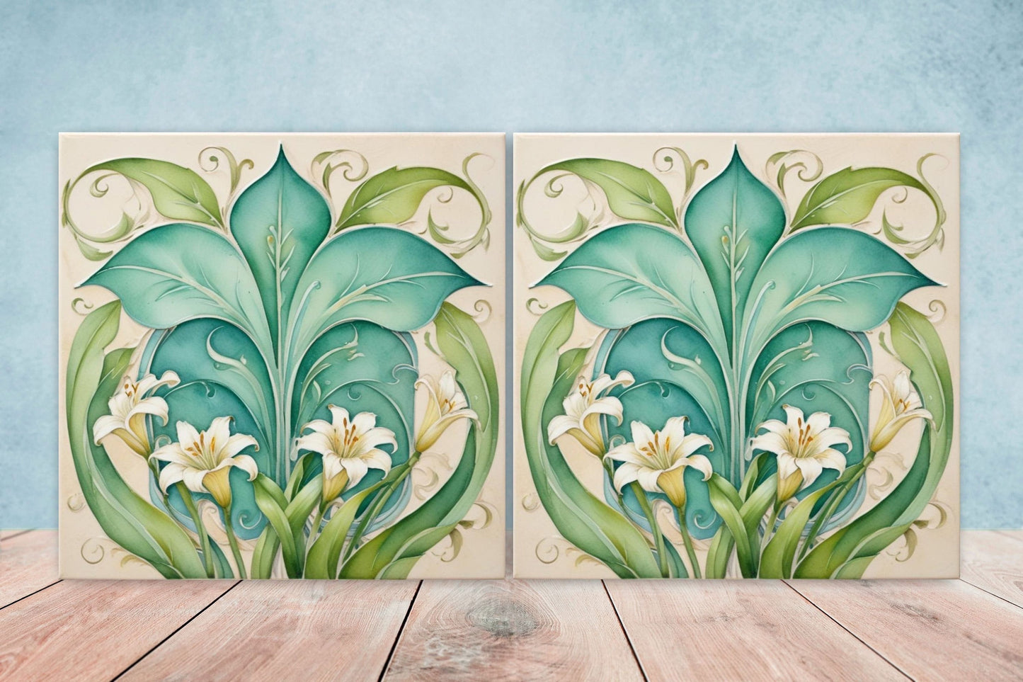 Art Nouveau Flower Ceramic tiles - Set of 2 Art Nouveau Wall Decor Tiles - Kitchen Backsplash Tiles, Table Decorative Tiles, Bathroom Tiles