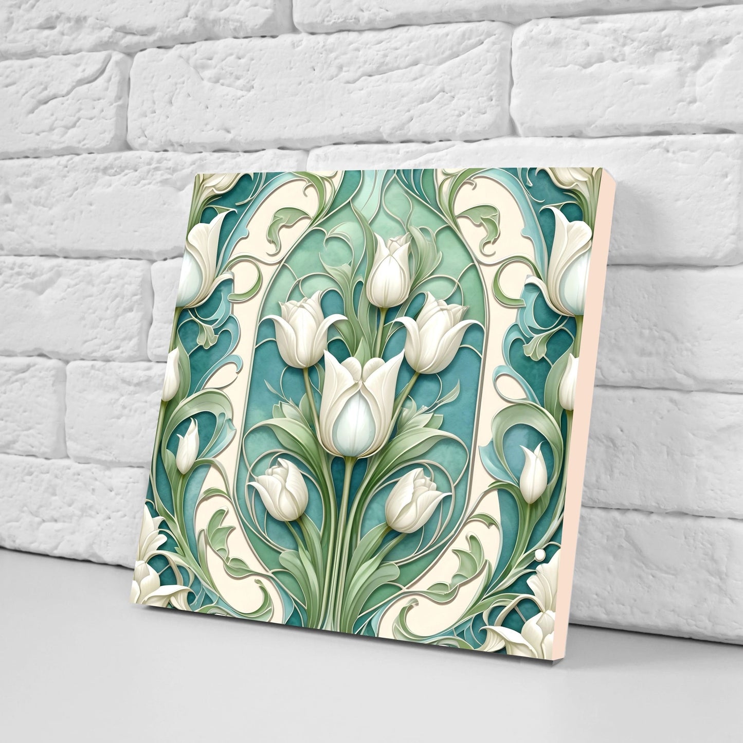 Art Nouveau Flower Ceramic Tiles - Set of 2 Art Nouveau Wall Decor Tiles - Kitchen Backsplash Tiles, Table Decorative Tiles, Bathroom Tiles
