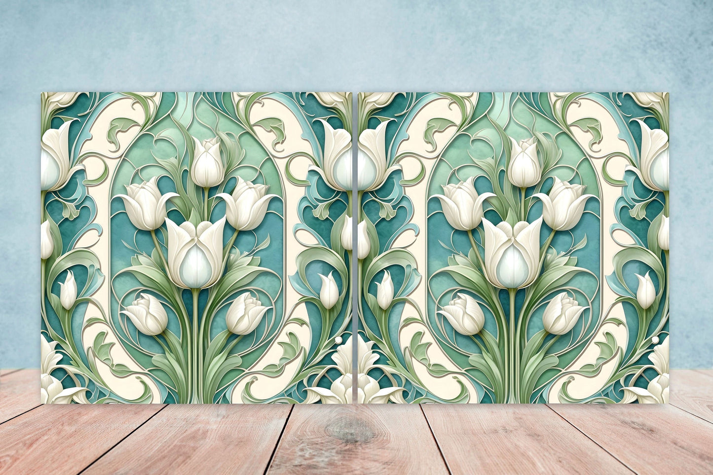 Art Nouveau Flower Ceramic Tiles - Set of 2 Art Nouveau Wall Decor Tiles - Kitchen Backsplash Tiles, Table Decorative Tiles, Bathroom Tiles