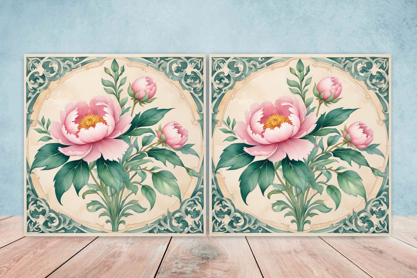 Art Nouveau Flower Ceramic Tiles - Set of 2 Art Nouveau Wall Decor Tiles - Kitchen Backsplash Tiles, Table Decorative Tiles, Bathroom Tiles