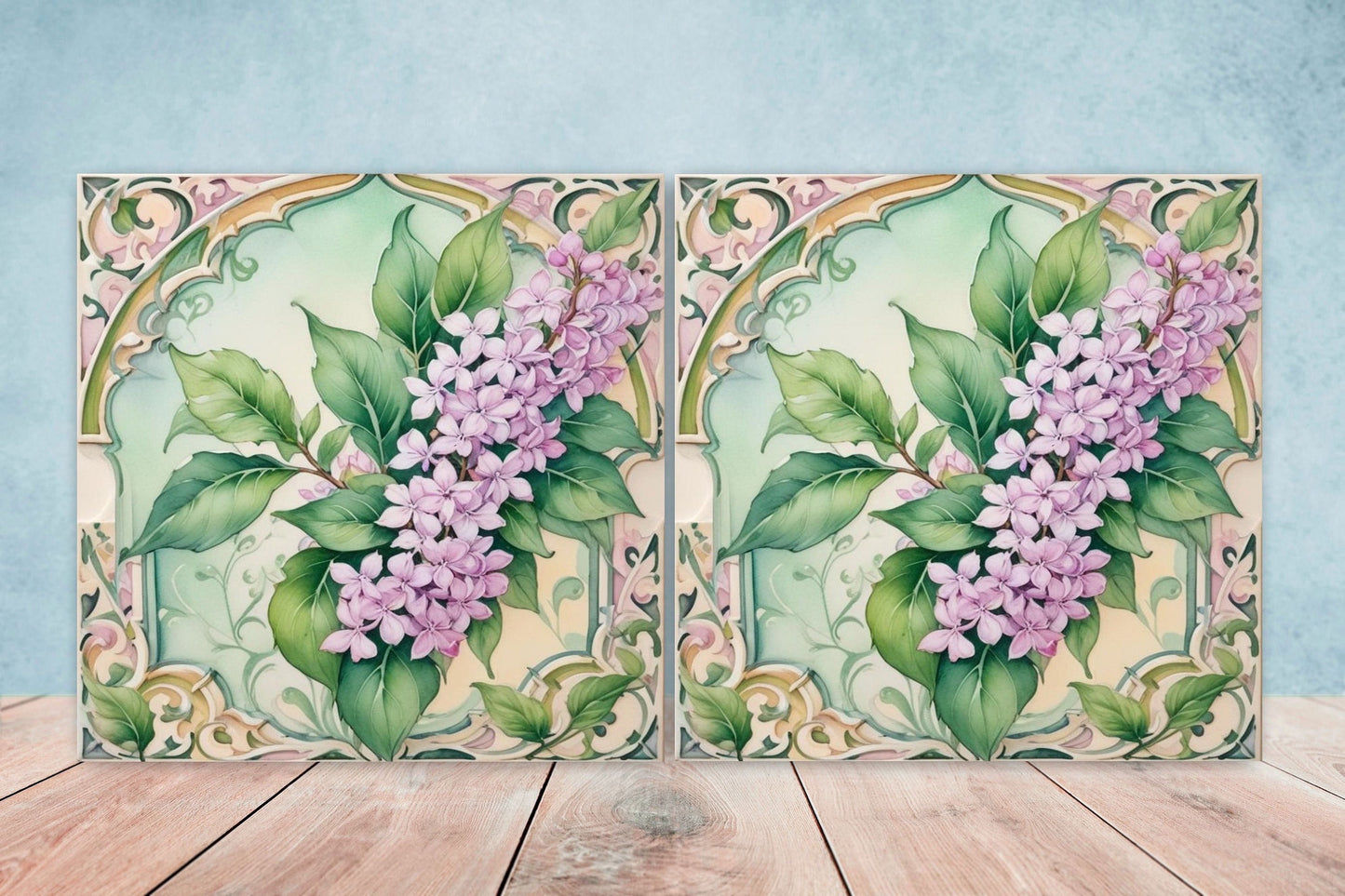 Art Nouveau Flower Ceramic Tiles - Set of 2 Art Nouveau Wall Decor Tiles - Kitchen Backsplash Tiles, Table Decorative Tiles, Bathroom Tiles