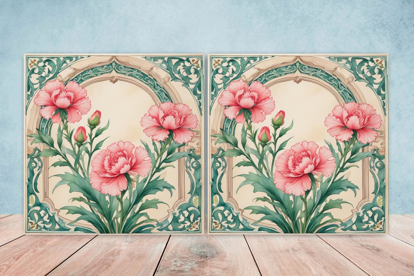Art Nouveau Flower Ceramic Tiles - Set of 2 Art Nouveau Wall Decor Tiles - Kitchen Backsplash Tiles, Table Decorative Tiles, Bathroom Tiles