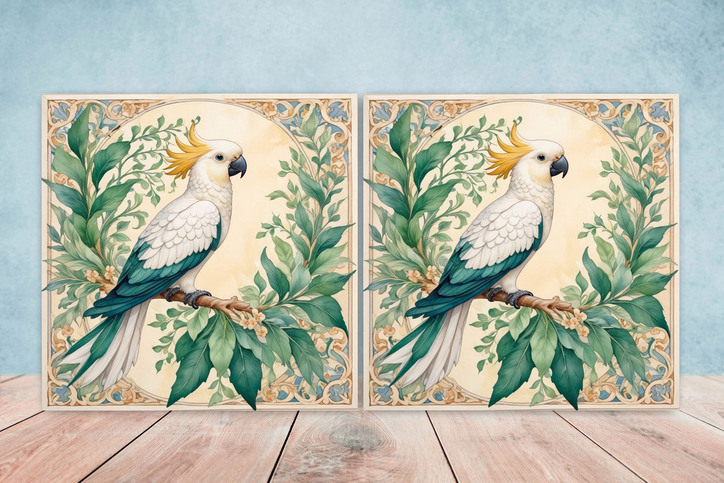 Art Nouveau Bird Ceramic tiles - Set of 2 Cockatoo Parrot Wall Decor Tiles, Tropical Bird Tiles, Kitchen Backsplash Tiles, Bathroom Tiles