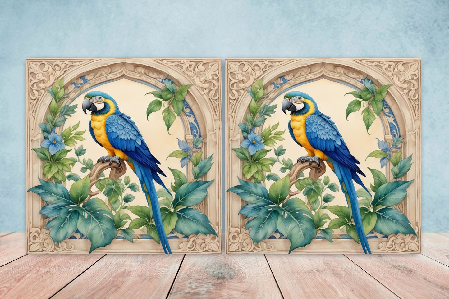 Art Nouveau Bird Ceramic tiles - Set of 2 Art Nouveau Parrot Wall Decor Tiles, Tropical Bird Tiles, Kitchen Backsplash Tiles, Bathroom Tiles