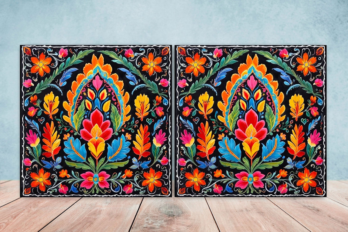 Mexican Ceramic tiles - Set of 2 Mexican Folk design Wall Decor Tiles, Flower Tiles, Kitchen Backsplash Tiles, Bathroom Tiles