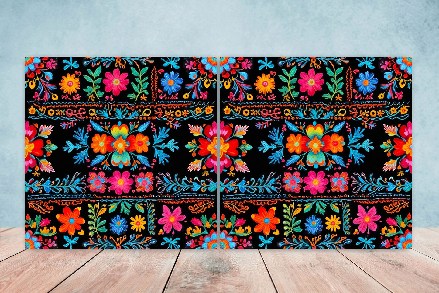 Mexican Ceramic tiles - Set of 2 Mexican Folk design Wall Decor Tiles, Flower Tiles, Kitchen Backsplash Tiles, Bathroom Tiles