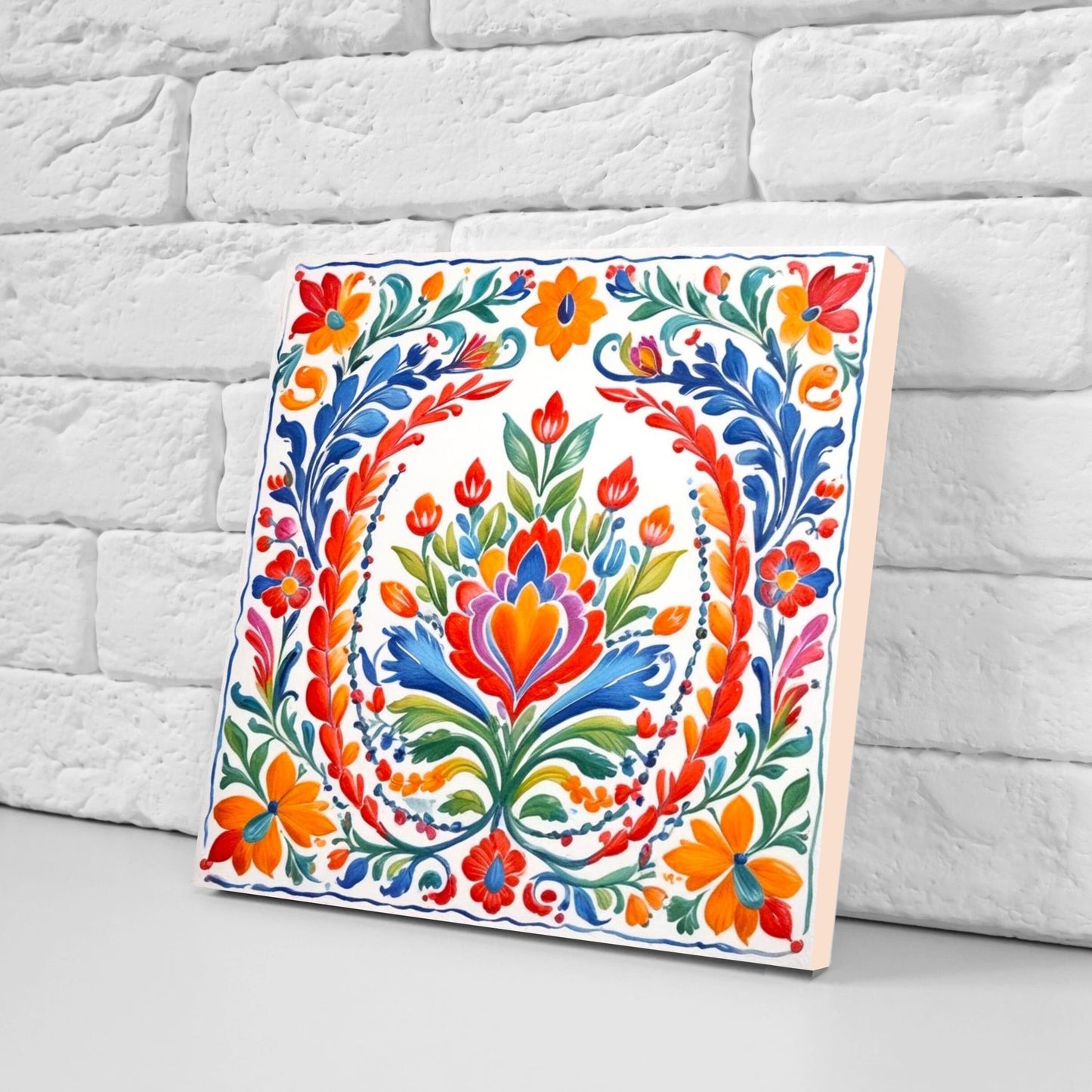 Mexican Ceramic tiles - Set of 2 Mexican Folk design Wall Decor Tiles, Flower Tiles, Kitchen Backsplash Tiles, Bathroom Tiles