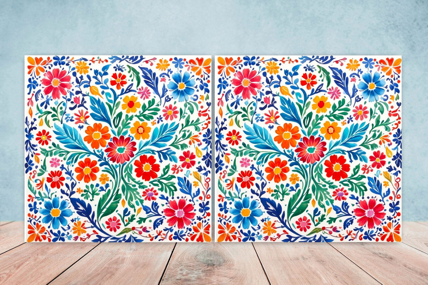 Mexican Ceramic tiles - Set of 2 Mexican Folk design Wall Decor Tiles, Flower Tiles, Kitchen Backsplash Tiles, Bathroom Tiles