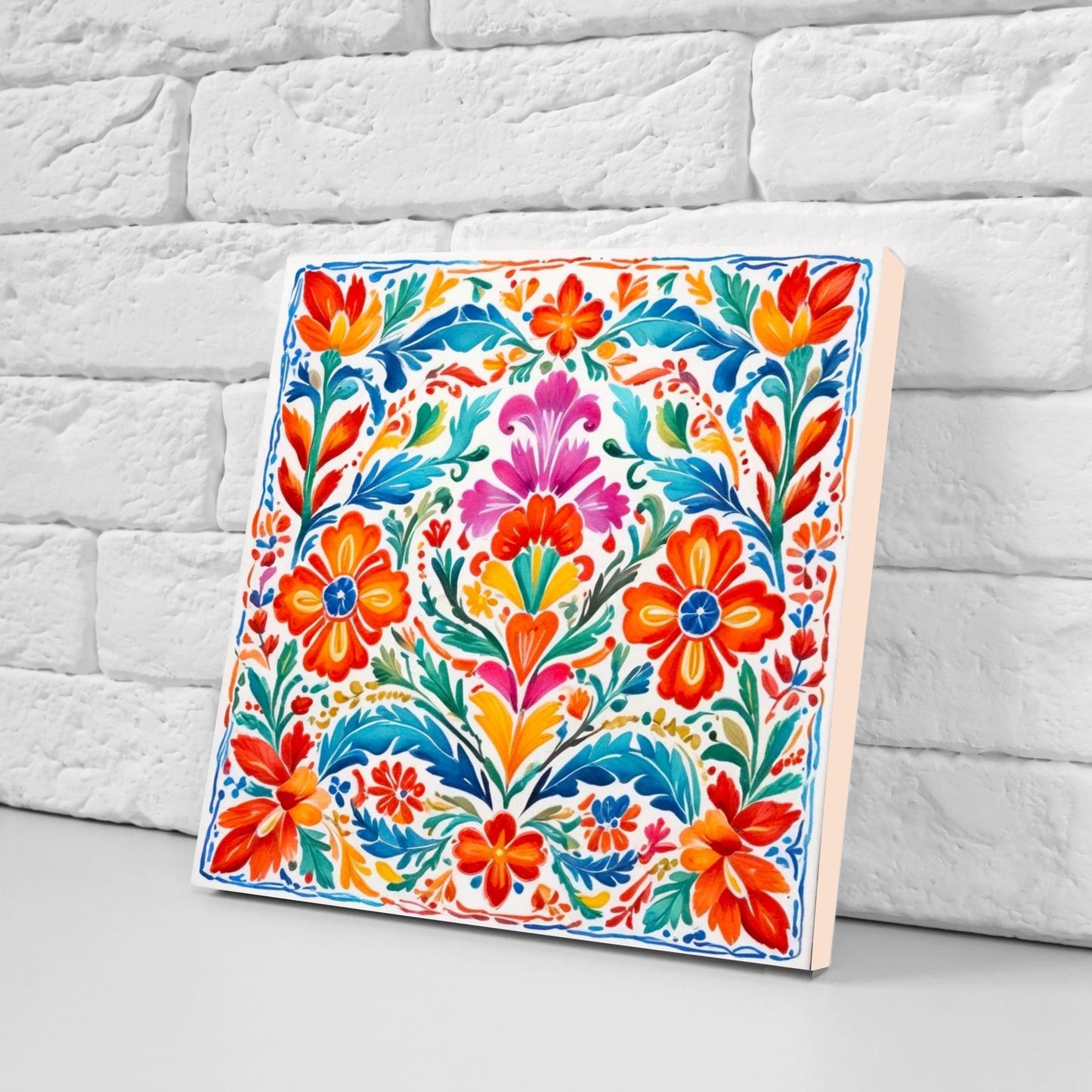 Mexican Ceramic tiles - Set of 2 Mexican Folk design Wall Decor Tiles, Flower Tiles, Kitchen Backsplash Tiles, Bathroom Tiles