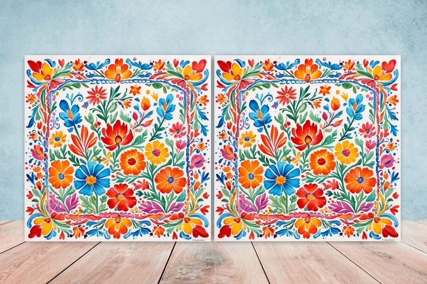 Mexican Ceramic tiles - Set of 2 Mexican Folk design Wall Decor Tiles, Flower Tiles, Kitchen Backsplash Tiles, Bathroom Tiles
