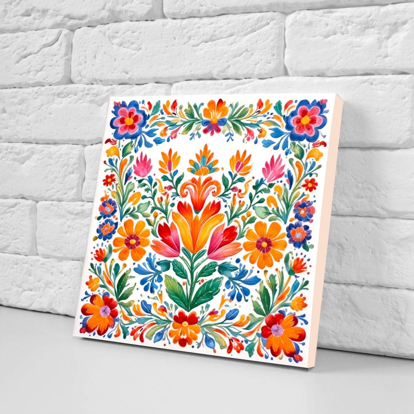 Mexican Ceramic tiles - Set of 2 Mexican Folk design Wall Decor Tiles, Flower Tiles, Kitchen Backsplash Tiles, Bathroom Tiles