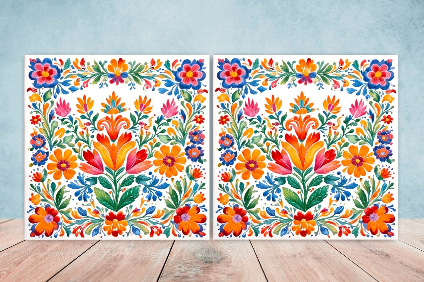 Mexican Ceramic tiles - Set of 2 Mexican Folk design Wall Decor Tiles, Flower Tiles, Kitchen Backsplash Tiles, Bathroom Tiles