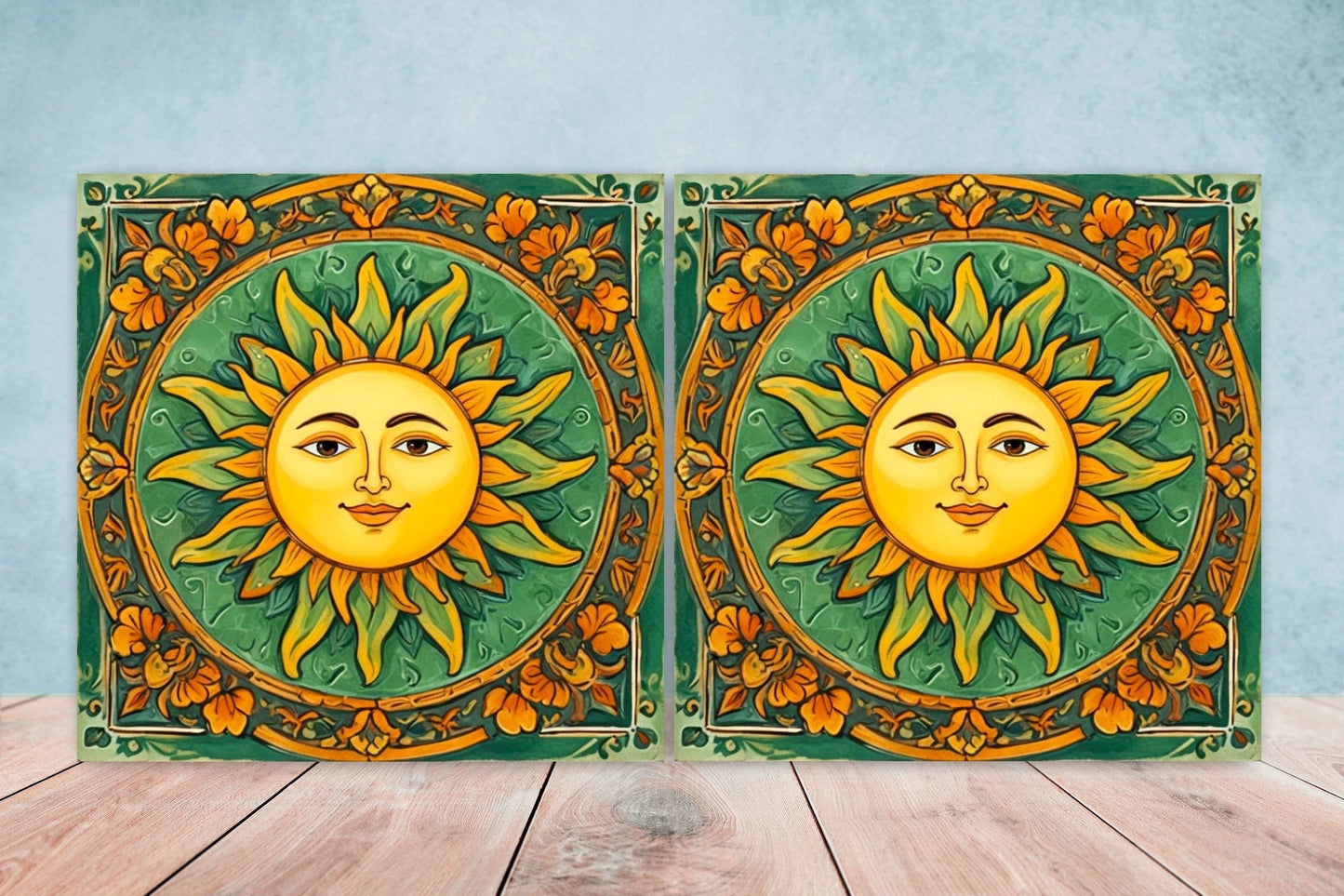 Mexican Sun Ceramic tiles - Set of 2 Mexican Folk design Wall Decor Tiles, Sun Tiles, Sun Print - Kitchen Backsplash Tiles, Bathroom Tiles