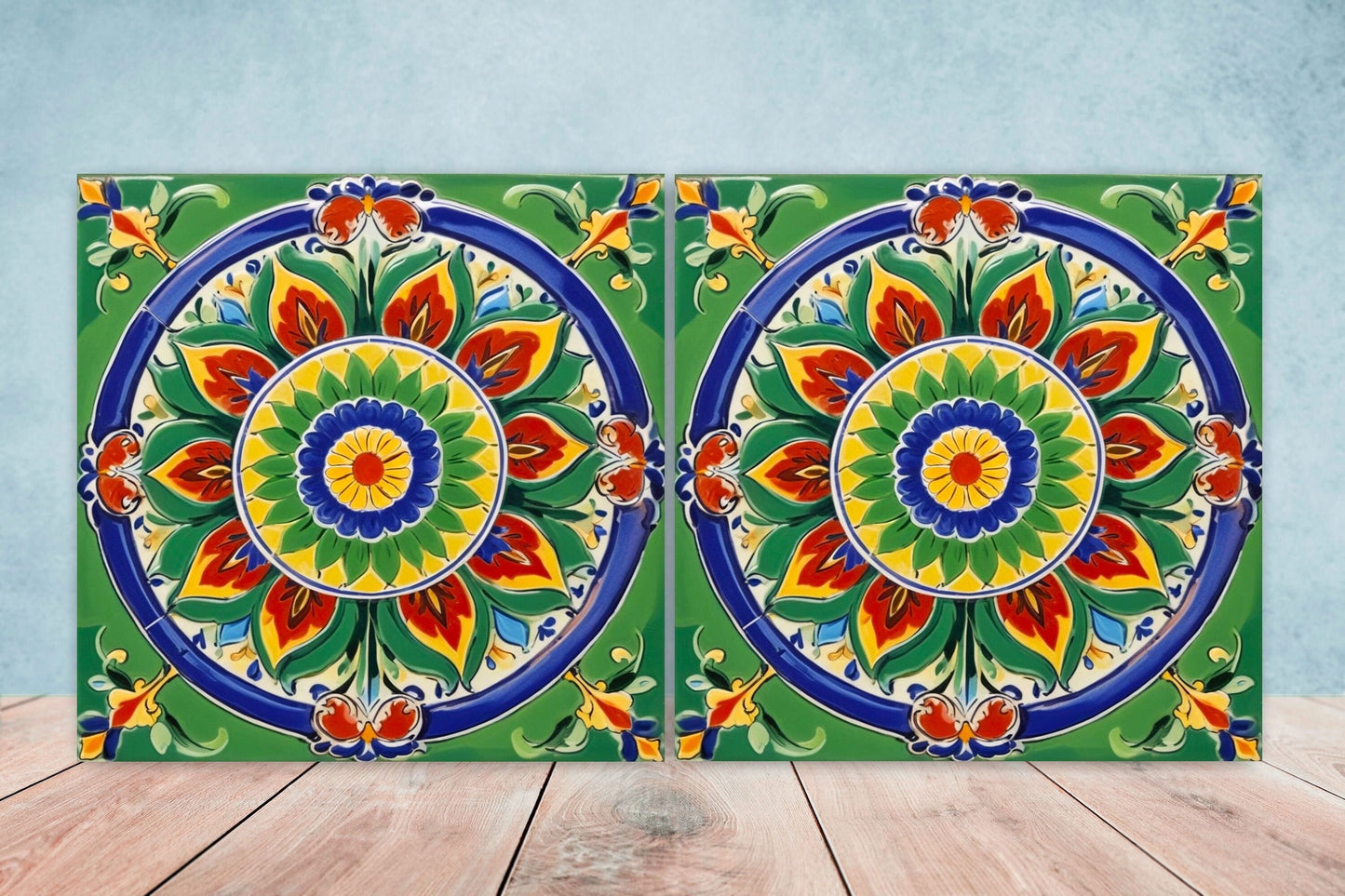Mexican Ceramic tiles - Set of 2 Mexican Folk design Wall Decor Tiles, Flower Tiles, Kitchen Backsplash Tiles, Bathroom Tiles