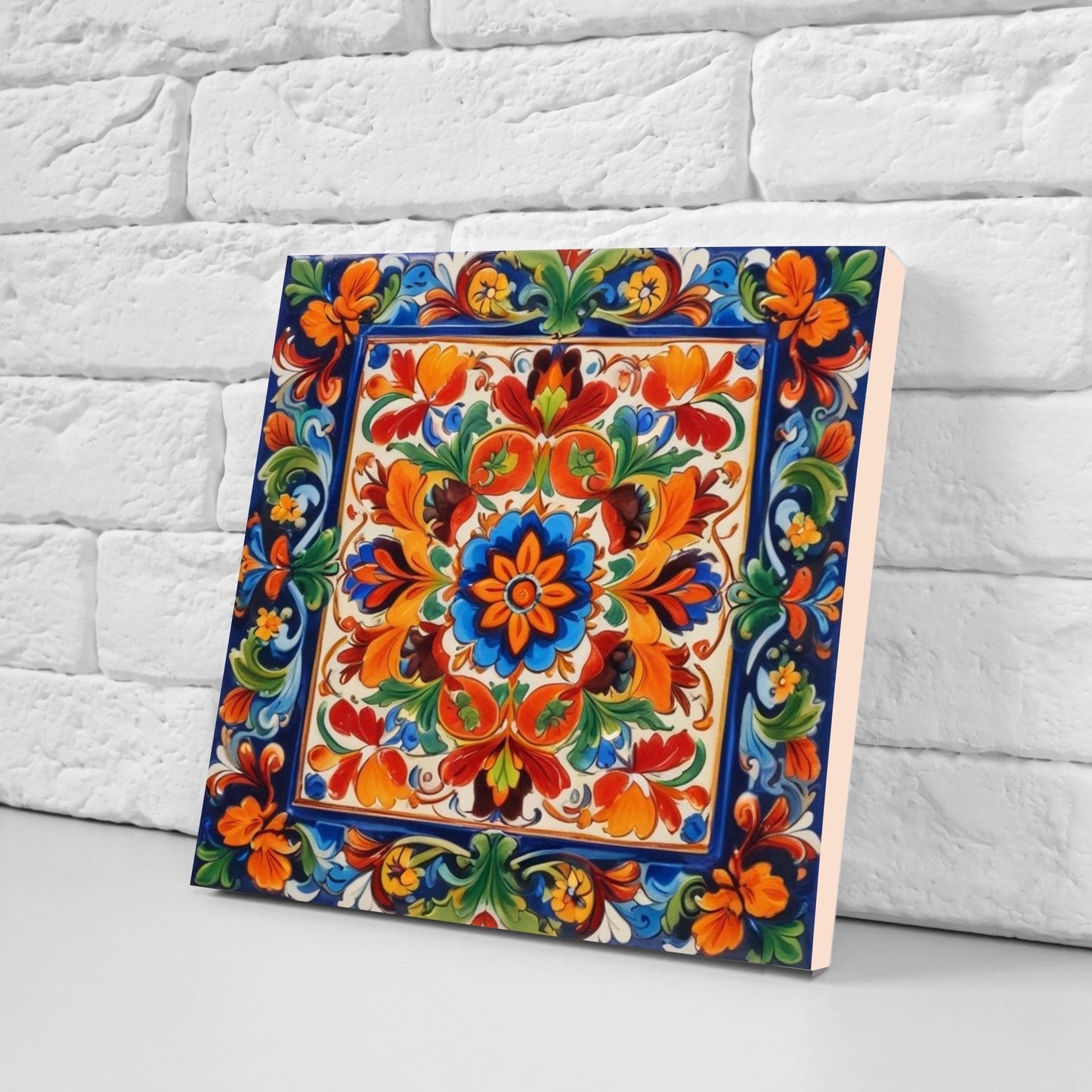 Mexican Ceramic tiles - Set of 2 Mexican Folk design Wall Decor Tiles, Flower Tiles, Kitchen Backsplash Tiles, Bathroom Tiles