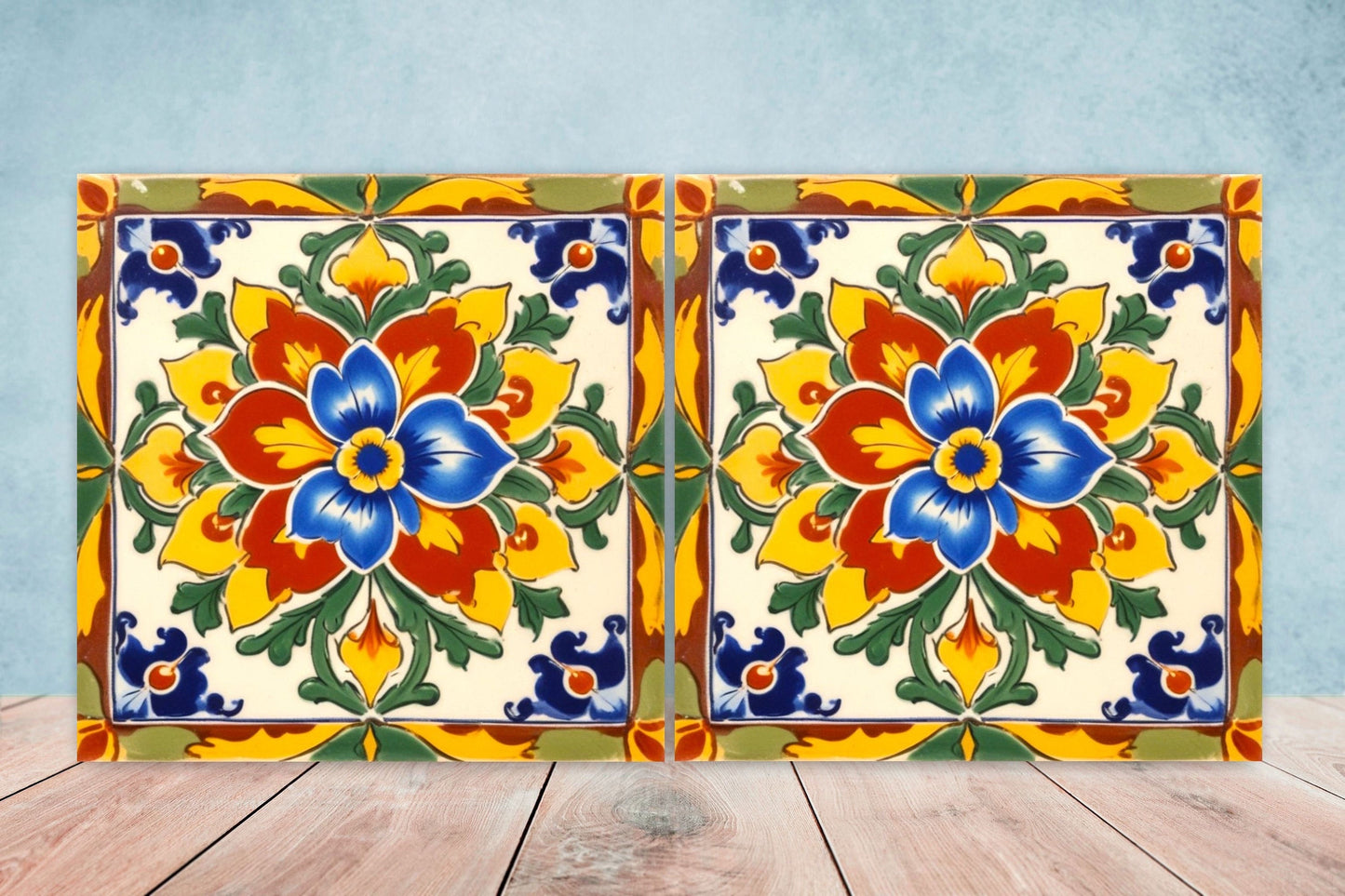 Mexican Ceramic tiles - Set of 2 Mexican Folk design Wall Decor Tiles, Flower Tiles, Kitchen Backsplash Tiles, Bathroom Tiles