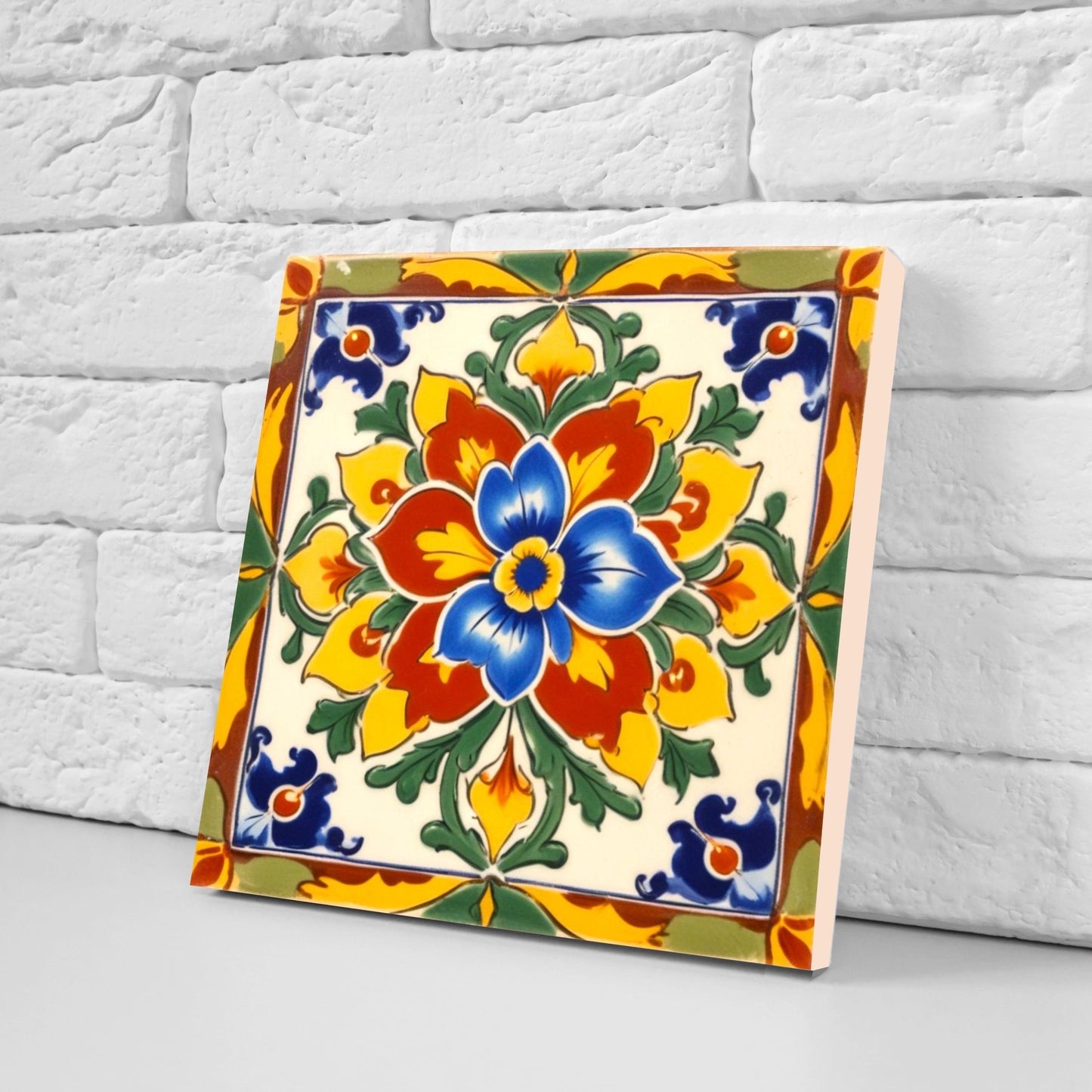 Mexican Ceramic tiles - Set of 2 Mexican Folk design Wall Decor Tiles, Flower Tiles, Kitchen Backsplash Tiles, Bathroom Tiles