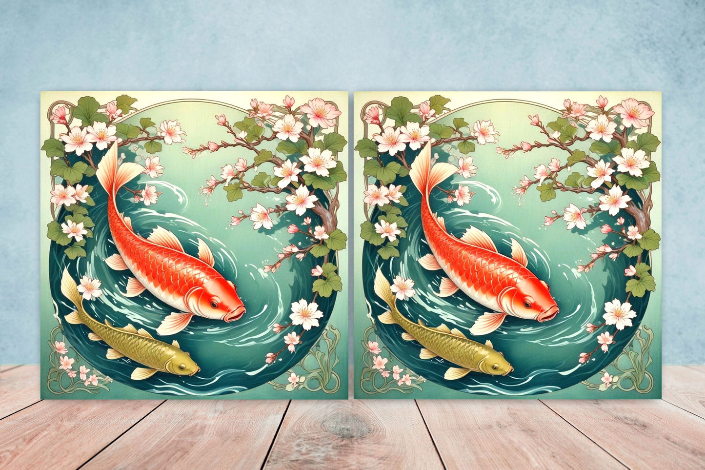 Koi Fish Ceramic Tile - Japanese Tiles -Set of 2 Wall Decor Tiles -Kitchen Backsplash Tiles,Table Decorative Tiles,Bathroom, Coaster